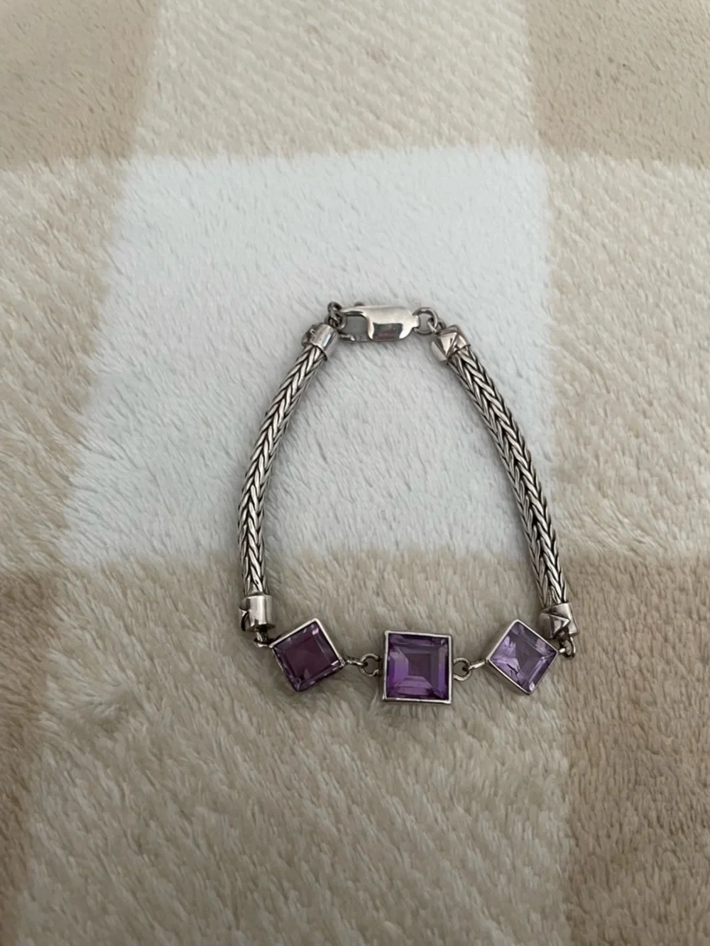 Vintage Lori Bonn 925 Sterling Silver Bracelet Three Purple Square Gemstones